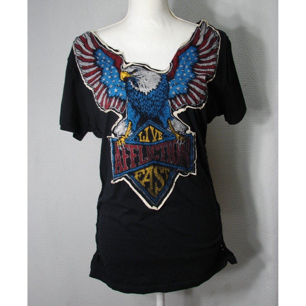 AFFLICTION Live Fast Eagle American Cross Graphic Biker T-Shirt Sz L Moto Punk